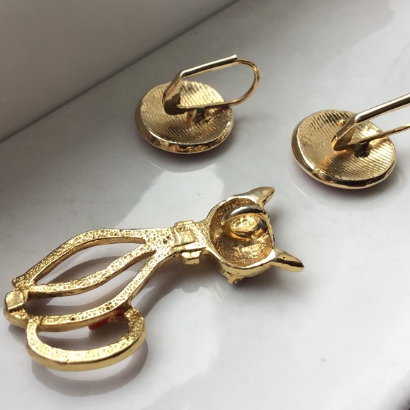 Vintage Cat Pendant & Pierced Earring Set - Picture 6 of 12